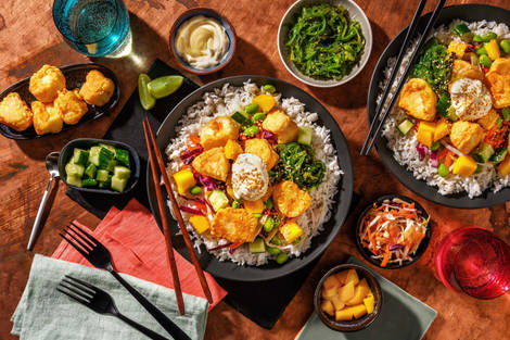 Luxe bowl met kabeljauw-tempura en mango