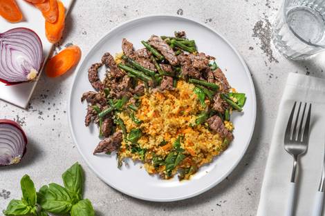 Bulgursalade met biefstukreepjes en sperziebonen