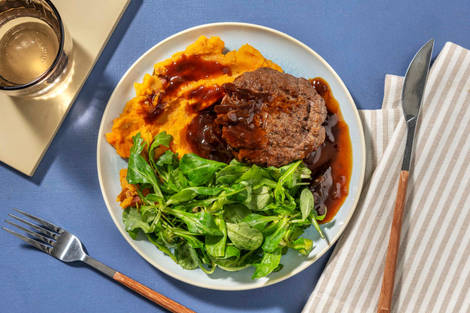 Burger de veau et jus de veau à l'oignon