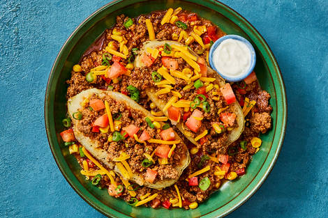 SuperQuick Cheesy Chili Turkey Stuffed Potato