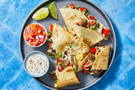 Cheesy Double Striploin Steak Quesadillas