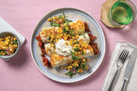 Mexican Beef Enchiladas with Corn Salsa & Sour Cream