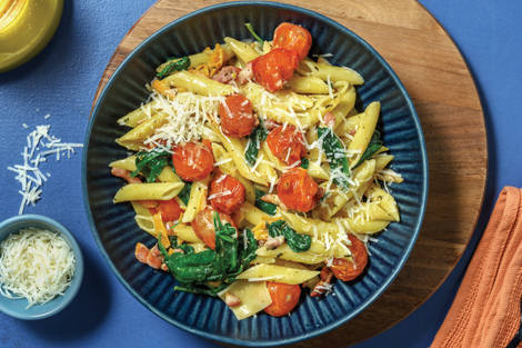 Quick Creamy Bacon & Cherry Tomato Penne