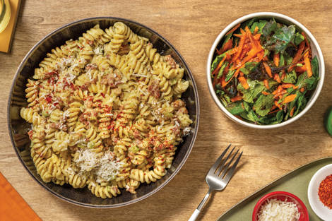 Quick Bacon & Creamy Pesto Fusilli