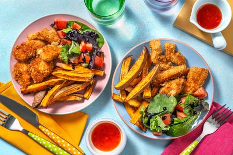 Crispy Chicken Goujons and Sweet Potato Chips