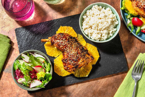 Cuisse de poulet confite croustillante laquée au ketjap