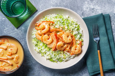 Curry express aux crevettes et riz de brocoli