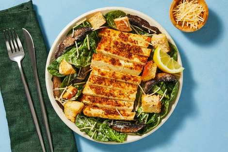 Crispy Tofu and Chicken Breasts-Topped Caesar Salad
