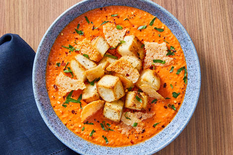 Spicy Cream of Red Pepper Soup with Parmesan Crisps