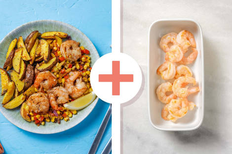 Double crevettes au citron et à l’ail, maïs et poivrons