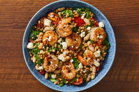 Mediterranean-Spiced Double Shrimp-and-Farro Bowls