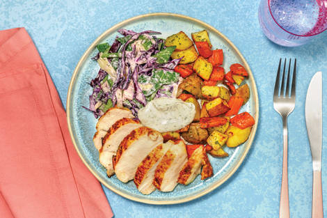 Louisiana Baked Chicken with Herb-Roasted Veggies & Dill-Parsley Slaw