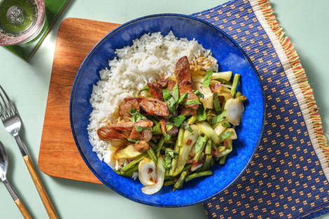Biefstukreepjes met rijst en paksoi