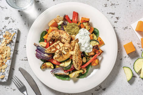 Herby Chicken Tenders & Roast Veggie Toss with Pesto & Tzatziki