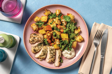 Garlic Chicken & Cauliflower-Kale Traybake