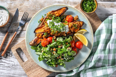 Ofen-Süßkartoffel mit Sojajoghurt-Kräuter-Dip