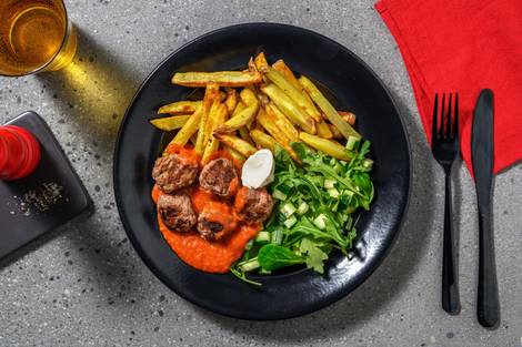 Gehaktballetjes in tomatensaus met frietjes