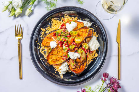 Geröstete Honig-Harissa-Aubergine mit Burrata