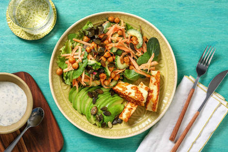 Halloumi Bowl mit Avocado & Röst-Kichererbsen