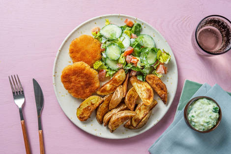 Handgemachte Lachs Fish Cakes mit Zaziki