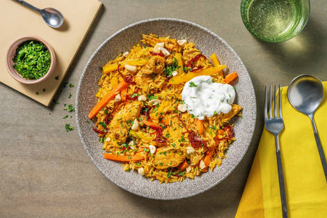 Indian Biryani! Reispfanne mit Hähnchen & Minz-Dip