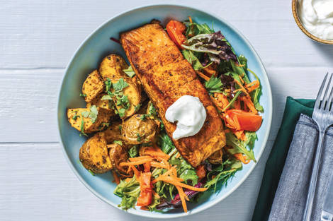 Indian Salmon & Bombay Potatoes with Garlic Yoghurt & Rainbow Salad