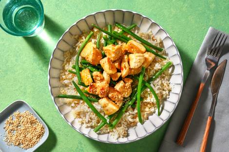 Poulet en sauce asiatique douce et haricots verts