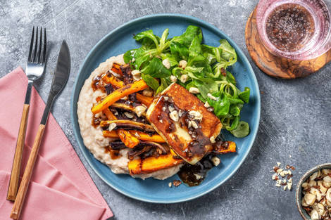 Kräuter-Grillkäse mit Butterbohnenpüree