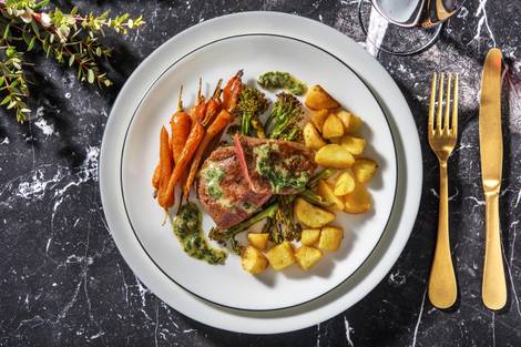 Lamb Steaks with Roast Potatoes and Salsa Verde