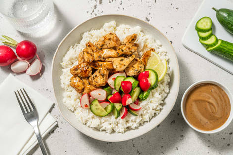 Limettenreis Bowl mit spicy Bio-Garlic-Pork