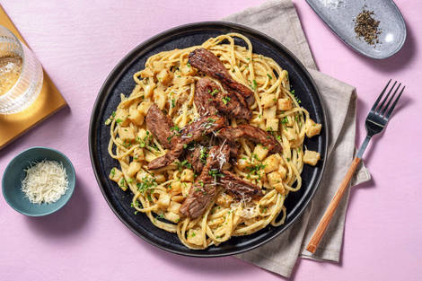 Linguine met rundsreepjes in kervel-dragonroomsaus