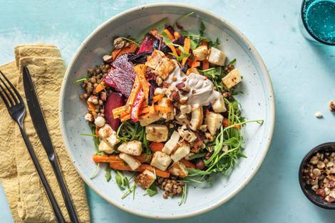 Linsensalat mit Randen und Halloumi