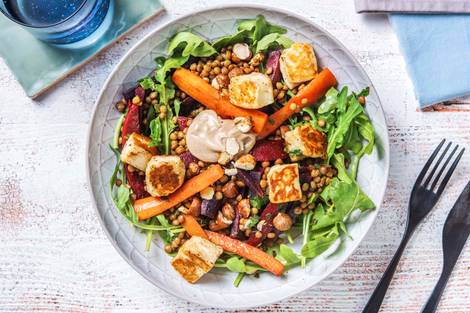 Linsensalat mit Randen und Halloumi