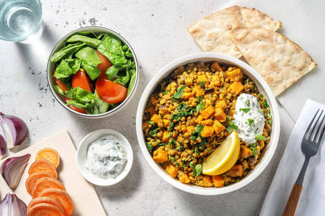 Mijoté de lentilles à l'indienne et pain naan