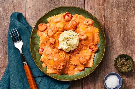 Mushroom Ravioli in a Tomato Cream Sauce
