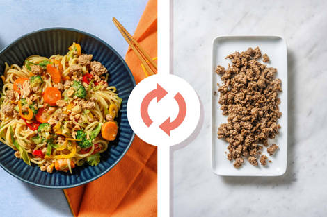 Nouilles au bœuf dans une sauce tahini-hoisin