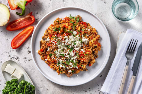 Mediterrane orzo met kipgehakt en aubergine