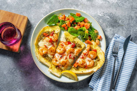 Pains plats aux crevettes et au pesto