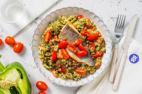 Pan-Fried Sea Bass and Zhoug Bulgur