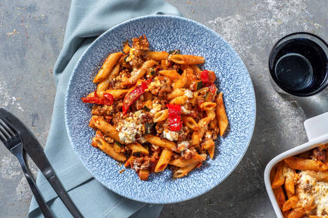 Pastaschotel met gehakt en Griekse twist