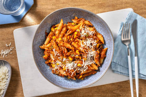 Snelle pasta met vegetarisch gehackt en Mexicaanse kruiden