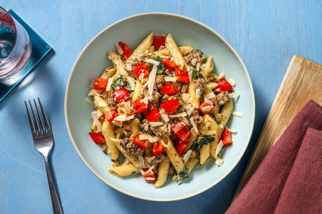 Penne au fromage frais et haché de bœuf aux épices italiennes