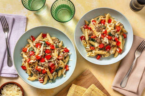 Penne met spinazie à la crème en rundergehakt