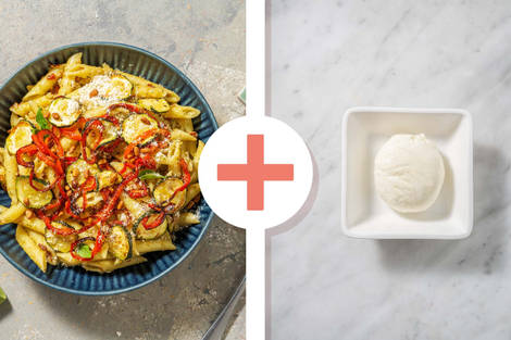 Penne mit Basilikumsoße und extra Burrata