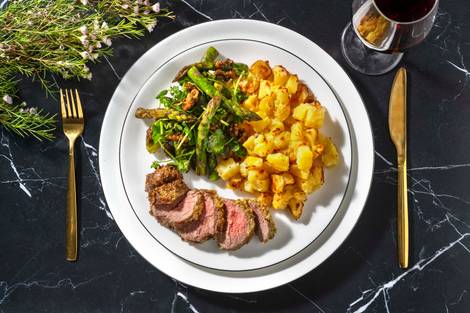 Pesto Crusted Lamb Steak and Roast Potatoes