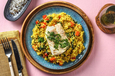 Pilav met gestoomde kabeljauw