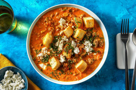 Pizza-Suppe mit Hackfleisch und Champignons,