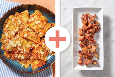Plant-Based Beef-Style Ravioli & Bacon Bake
