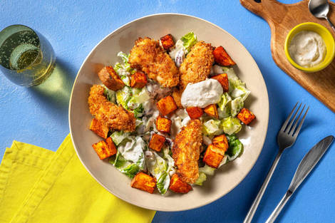 Poulet-Bites mit Süsskartoffel-Bohnen-Salat