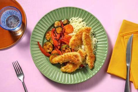 Poulet en croûte de sésame et légumes rôtis